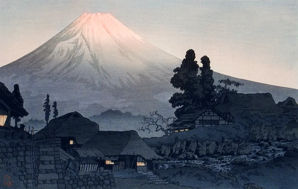 Estampe japonaise du mont Fuji au crépuscule (Takahashi Shotei, 1932, domaine public)