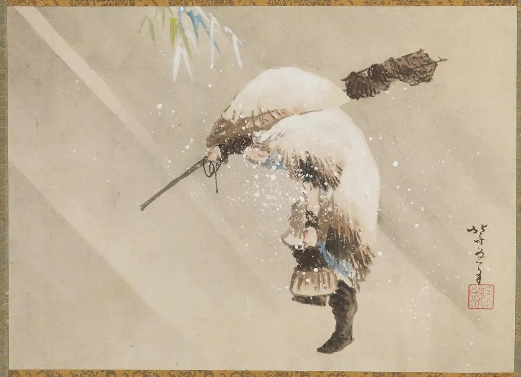 Pêcheur portant son filet sous la neige, peinture japonaise