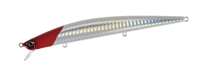 Leurre DUO Tide Minnow Slim 140 Flyer coloris AHA0639 Red Head W White (tête rouge, flancs blancs holographiques), visuel officiel DUO